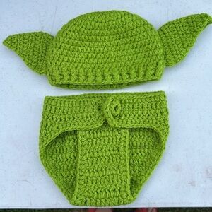 NWOT Baby YODA Costume Hand Crochet Hat & Diaper Cover Outfit Star Wars photo op